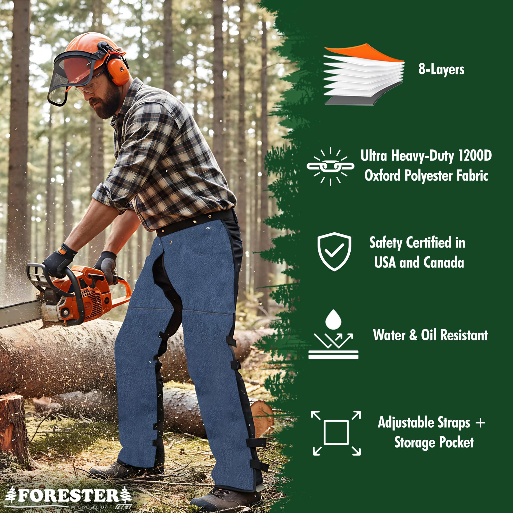FORESTER Kettensägen-Chaps für Damen und Herren, Schürzen-Chaps mit Tasche und verstellbarer Taille, Kettensägen-Sicherheitsausrüstung