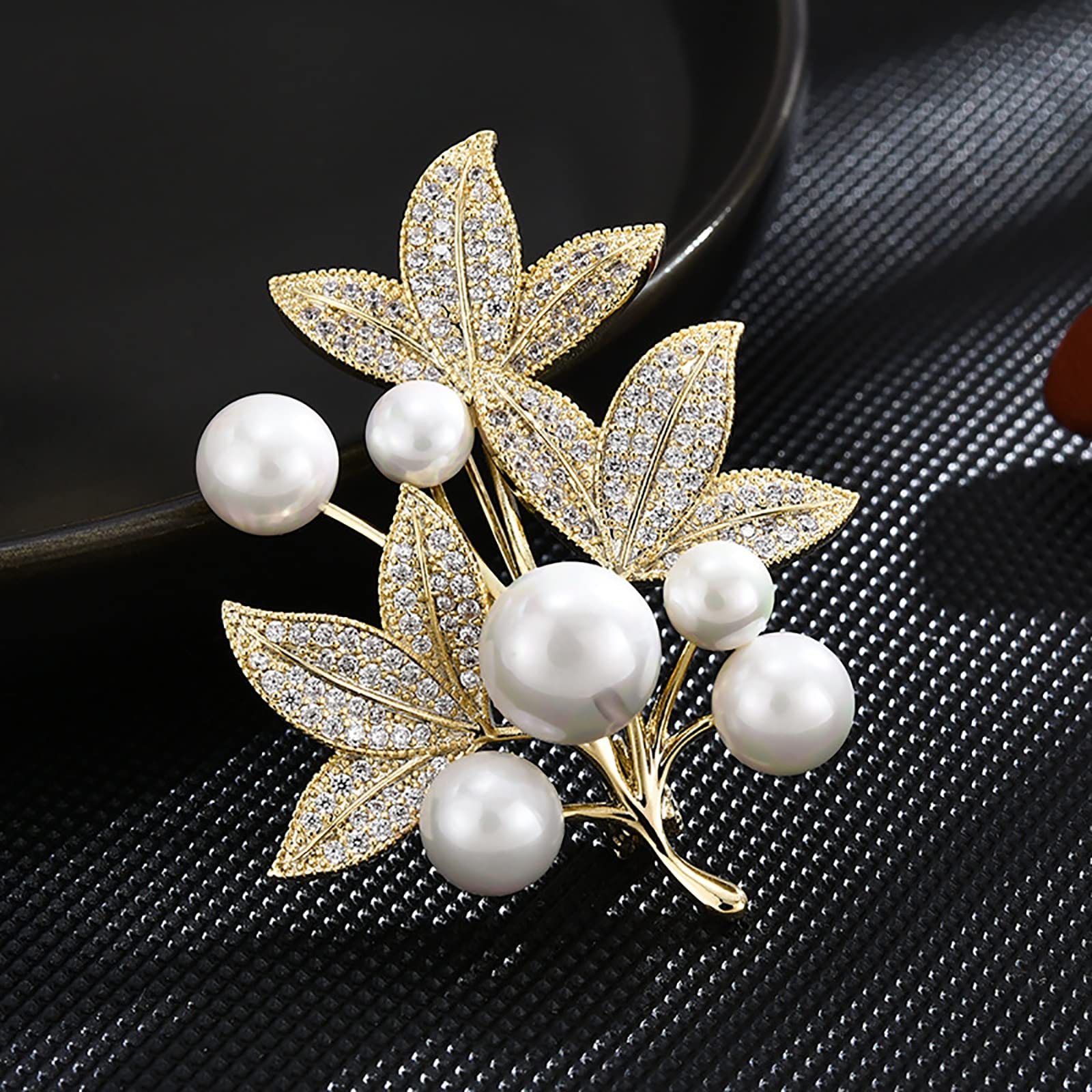 Einfache Kupfer Mikro-Lünette Set Zirkonia Perle Blatt Corsage Brosche Schnalle