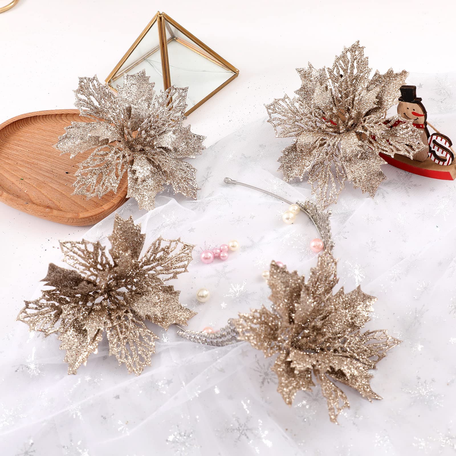 12 Stück glitzernde Weihnachtsstern-Blumen, künstliche Weihnachtssterne, Weihnachtsbaum-Blumen, Ornamente für Weihnachten, Urlaub, Saison, Hochzeit, Dekoration