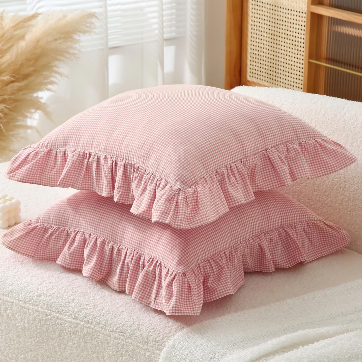 Gingham Pillow Covers (2 Pack) - 18x18 Inches Pink/White Plaid, 100% Washed Cotton Vintage Ruffle Decorative Throw Pillowcases with Zipper Closure for Bed & Couch