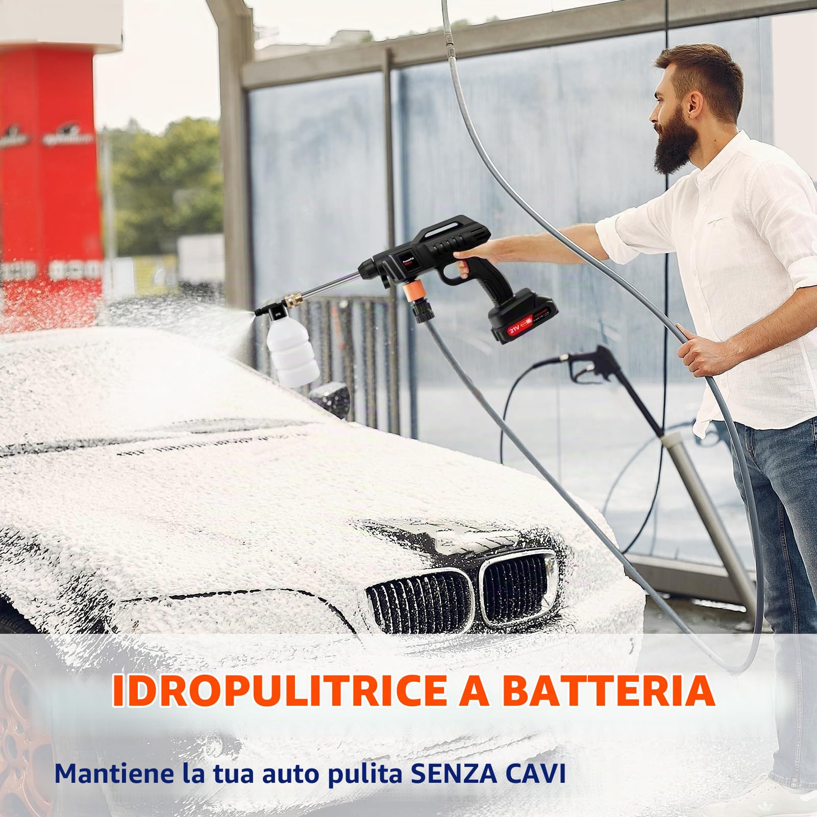 1500W Idropulitrice Senza Fili,Pistola Portatile ad Alta Pressione,Idropulitrice a Batteria 21V 60Bar, Lancia idropulitrice Ugello Regolabile 3 in 1, Tubo 5m e Secchio, per Auto Balcone Giardino