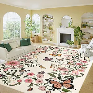 Floral Butterfly 9'x12' Area Rugs - Floral Butterfly Area Rug 9x12 for Living Room Entryway Soft Beige Washable Rugs Ultra-Thin Indoor Door Mat
