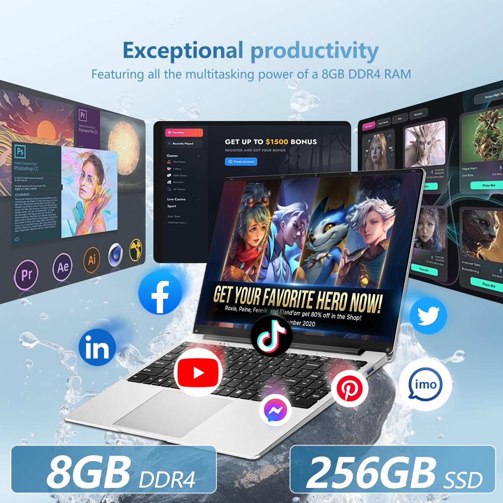 15.6 Pulgadas Ordenador Portatil, Win 11 PC Portátil Celeron N4000 CPU, Portátil con 8GB LPDDR4 256GB SSD, 1920*1080 IPS FHD Pantalla Laptop, TF Card Slot expansión hasta 1 TB, Mini HDMI+BT4.2 - 5