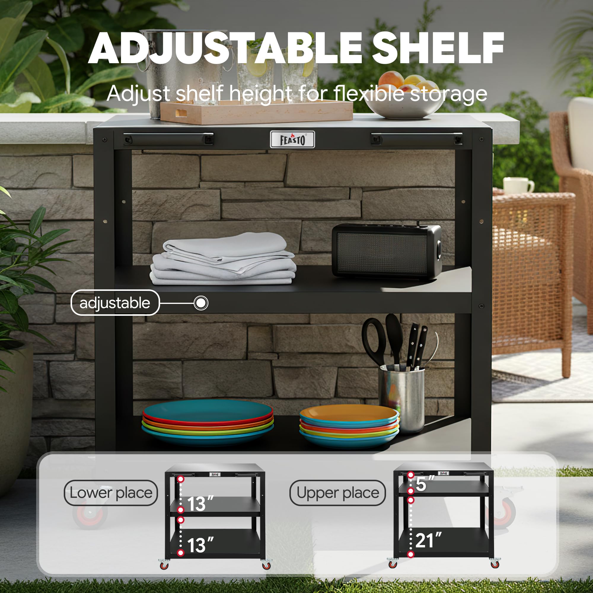 Feasto 36''x 24'' Large Movable Pizza Oven Table for Outdoor, 304