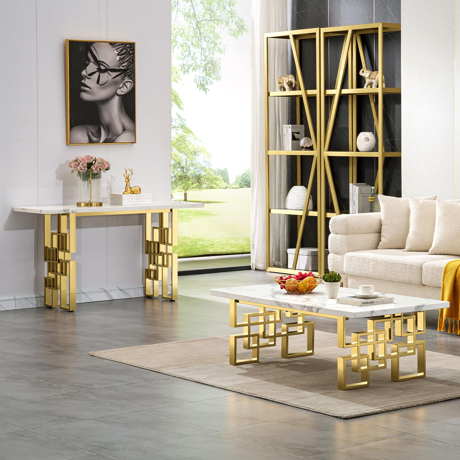 AUZ 2 Pieces Gold Living Room Table Sets, White and Gold Rectangle Living Room Coffee Tables with Geometric Base, White Coffee Table Set of 2