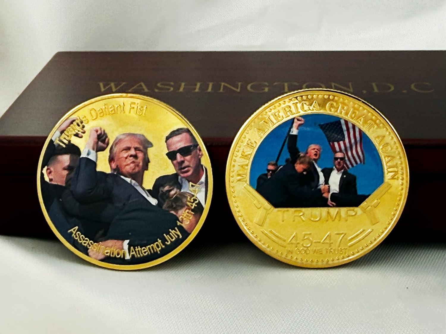 Donald J. Trump “Fight Fight Fight” 45th & 47th President Collectible 2-Coin Display Set – Patriotic Commemorative Coins in Washington D.C. Keepsake Box