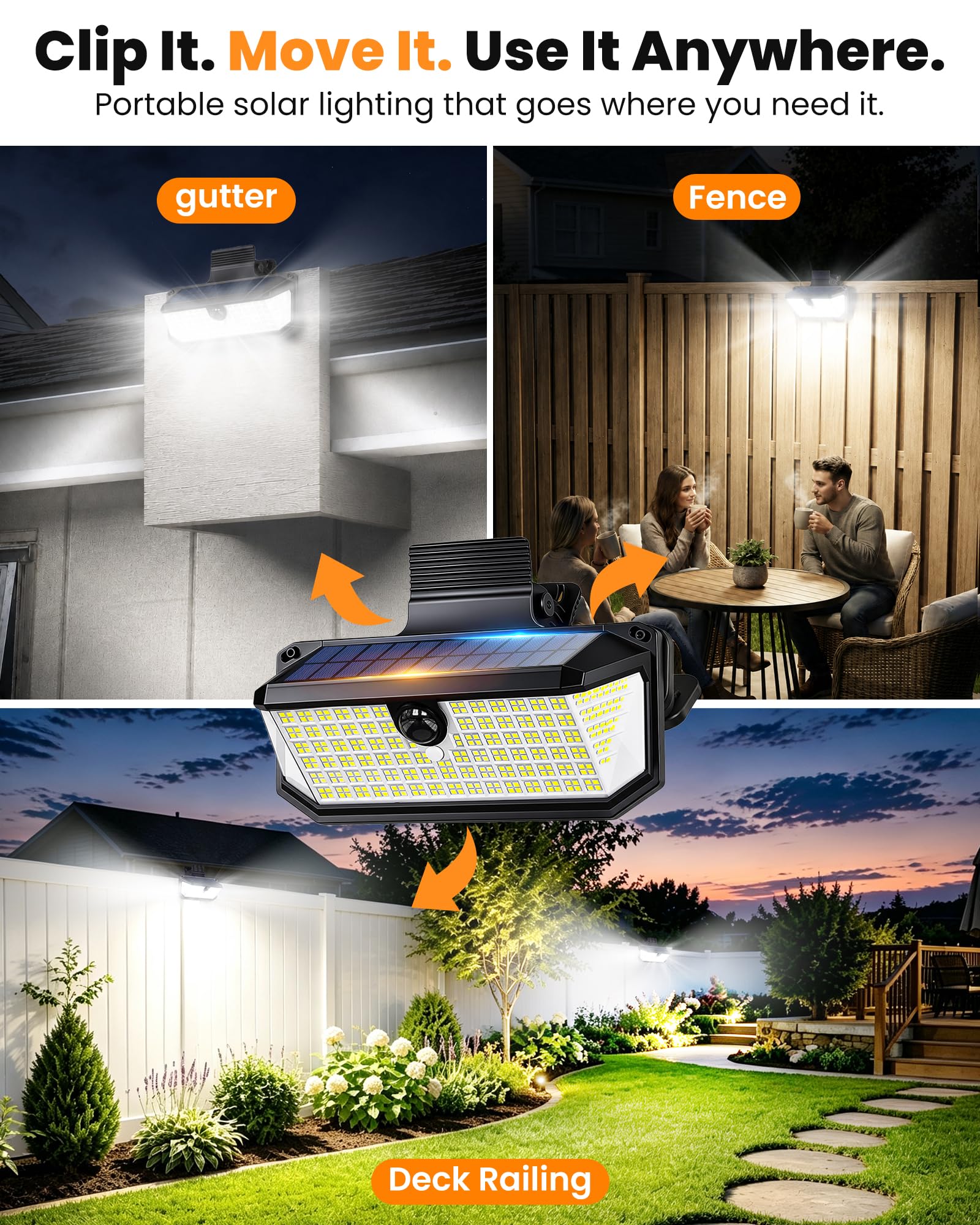416 luci LED a movimento solare, con clip, luci solari da parete per esterni, 1500 lumen, luce di inondazione all'aria ultimo intervento, 3 modalità di illuminazione, illuminazione