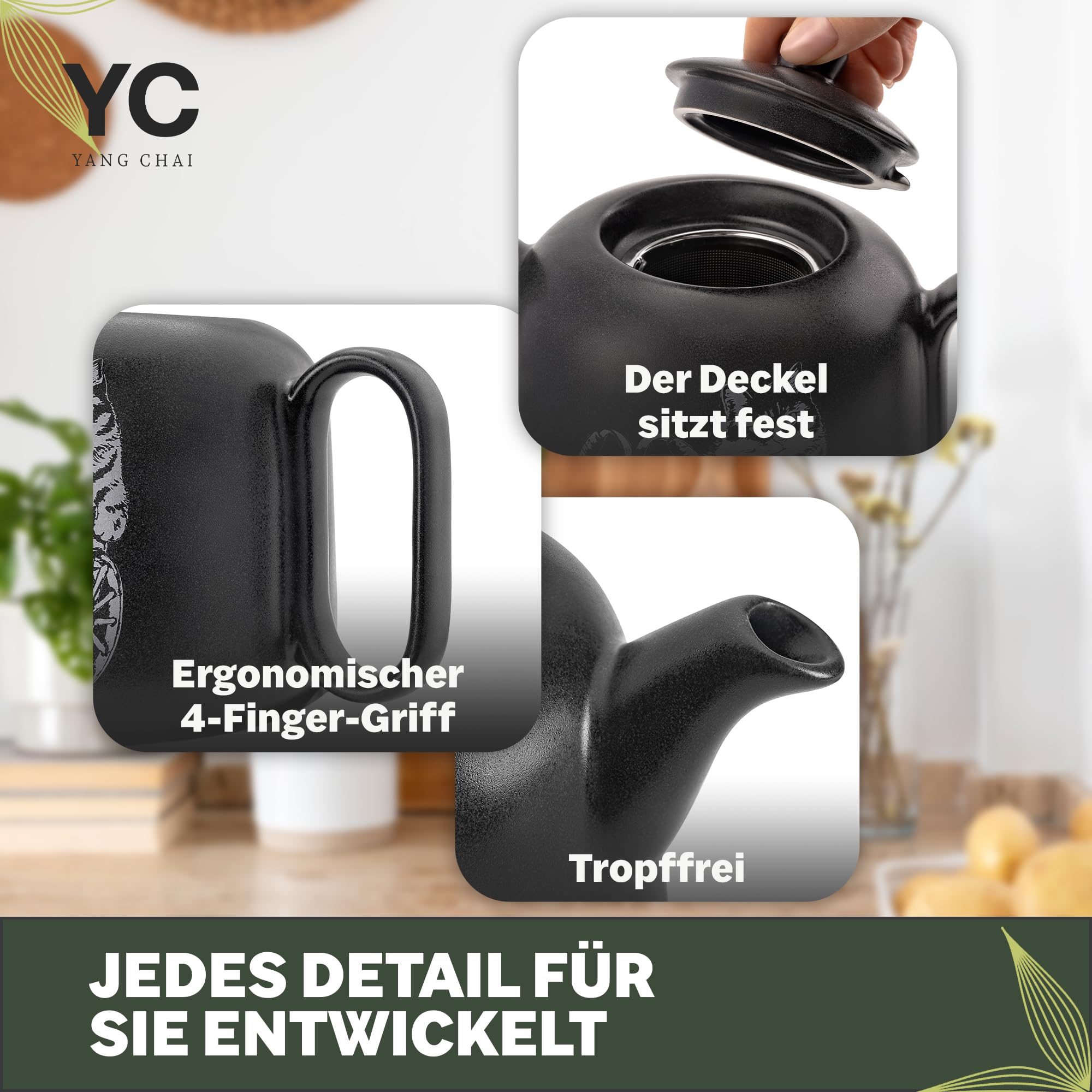 YC Yang Chai Teekanne mit Stövchen - Keramik Schwarz Matt 1.3L - Teekanne mit Siebeinsatz - Tropffrei & Hitzebeständig - Handgefertigte Keramik Tee Kanne - langanhaltende Wärme - YC GATOLO