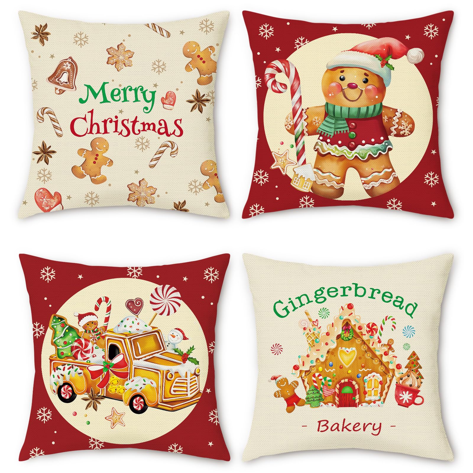 Bonhause Christmas Gingerbread Cushion Covers 45 x 45 cm Xmas Bakery House Truck Decorative Throw Pillow Covers for Sofa Bed Home Patio Winter Holiday Decor Set of 4