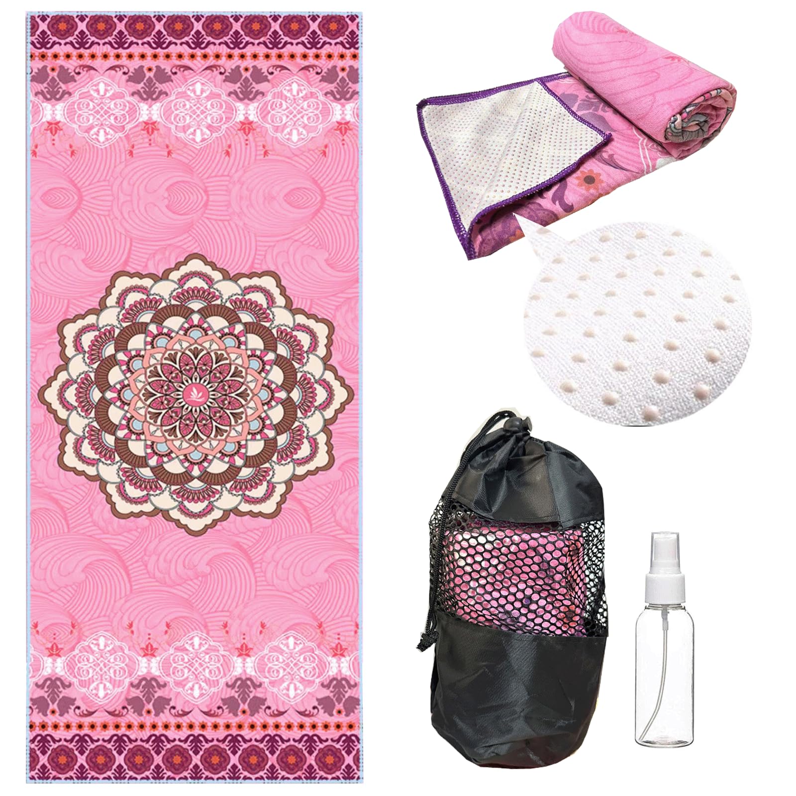 Misforu Non Slip Hot Yoga Towel with Non-Slip Grip Dot for Hot Yoga, Pilates Fitness,Sweat,Bikram,Workout + Free Spray Bottle,Portable Mesh Bag Yoga Towel (Pink)
