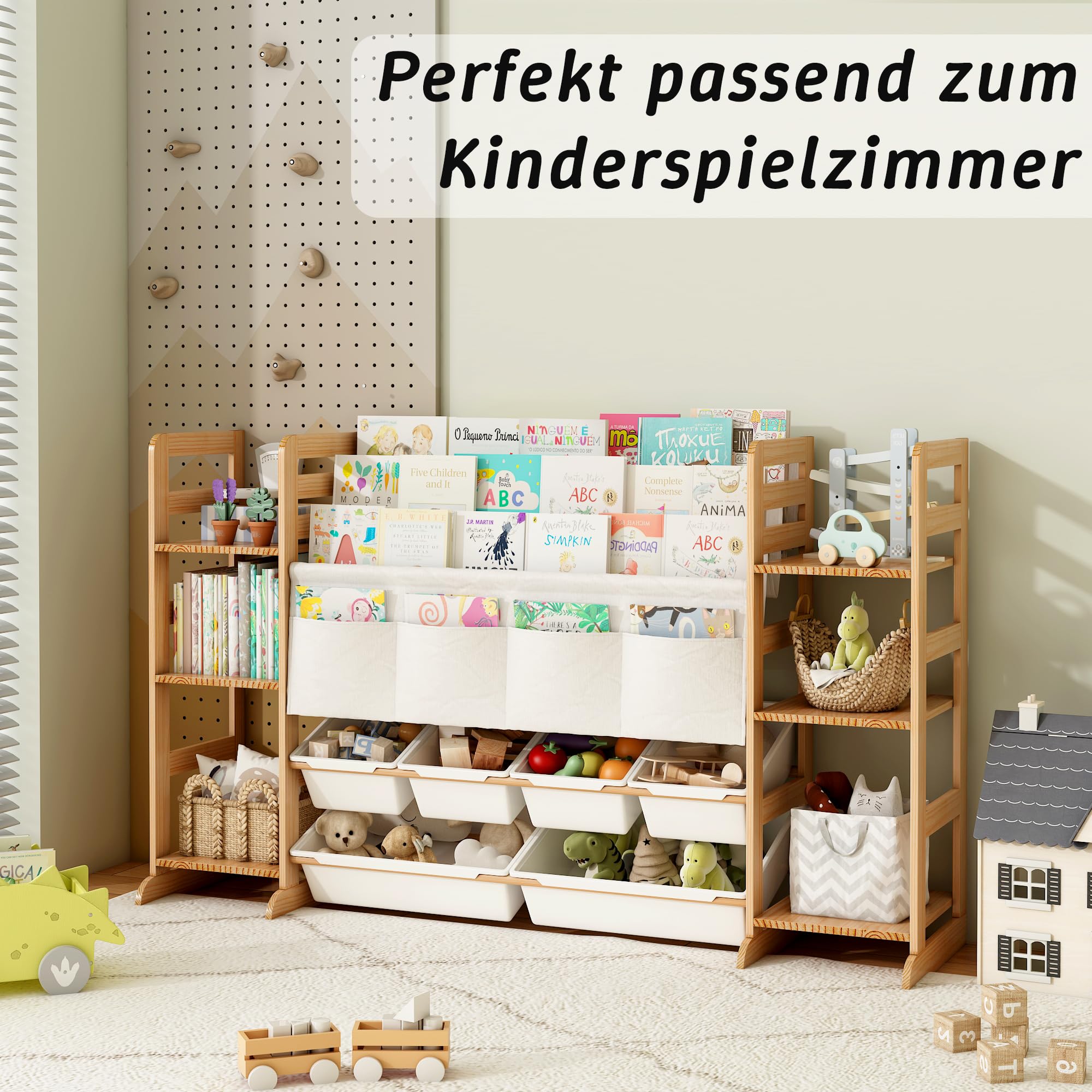 EstanterÍa Infantil para Juguetes y Libros para Juguetes con 4 Compartimentos de Tela Oxford, Estantería Infantil de Madera Maciza con 6 Caja de Almacenamiento, Organizador de Libros