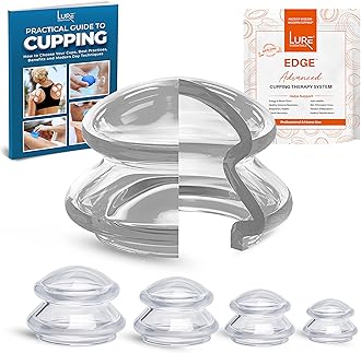 LURE Home Spa Cupping Massage Kit - The Most Recommended Therapy Set for Muscle Soreness, Pain Relief, Injury Recovery, Toning & Cellulite Professional Medical Grade 4 Cups, Clear