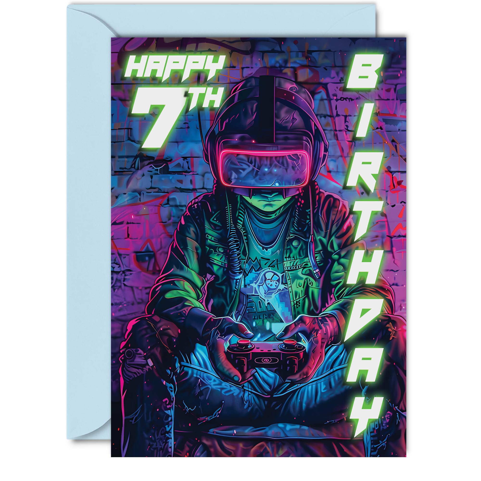 7th Birthday Cards for Boys Girls - Video Game Gamer - Happy 7 Birthday Card for Son Daughter Nephew Niece Grandson, 5x7 Inch Seven Seventh Bday Greeting Cards