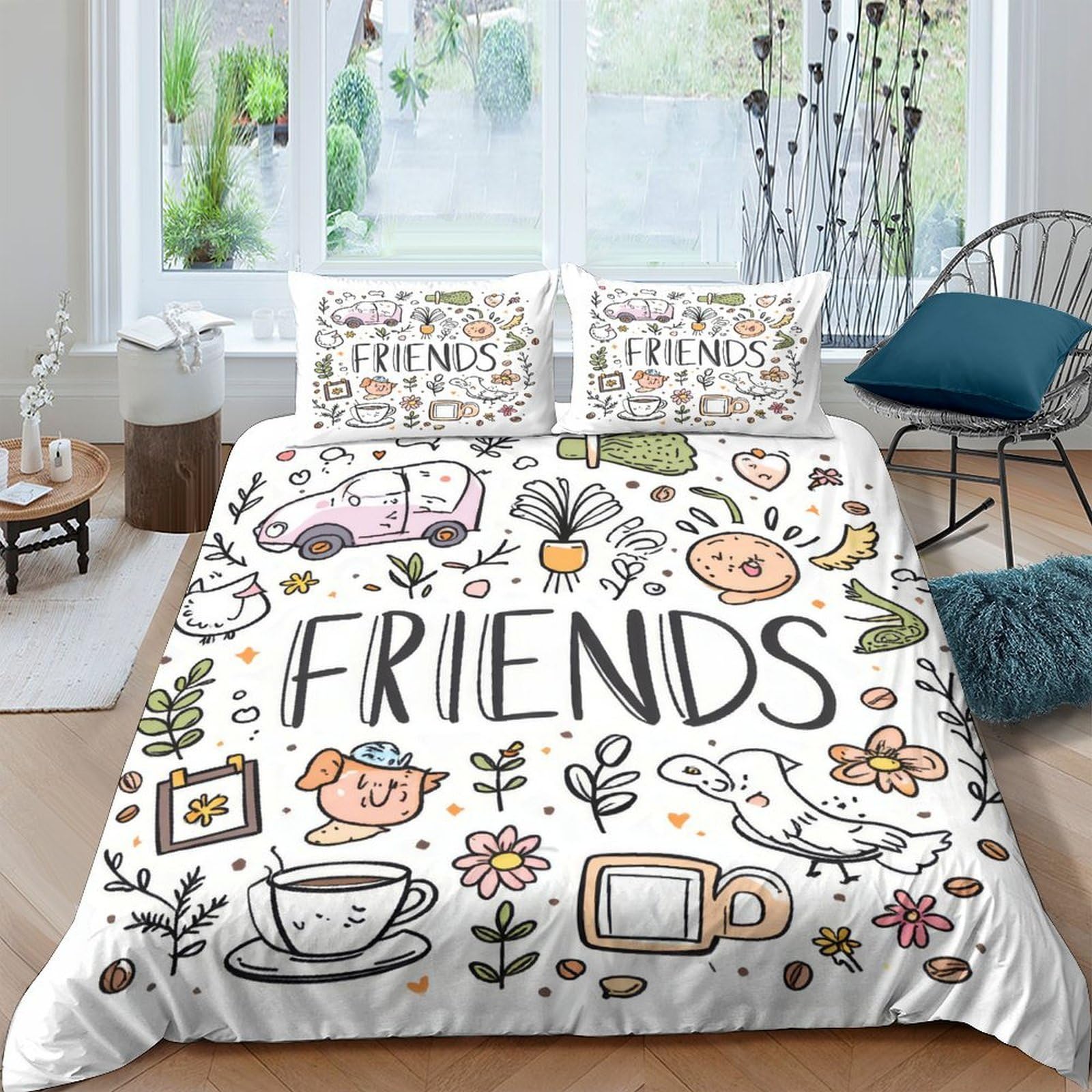 Ctjqhvkz Style-1 3D Printed Cartoon Friends Fitted Sheet Microfiber Soft Colorful Doodle Bed Sheet For Bedroom Dorm Mattress Cover Decor Single（135X200cm）