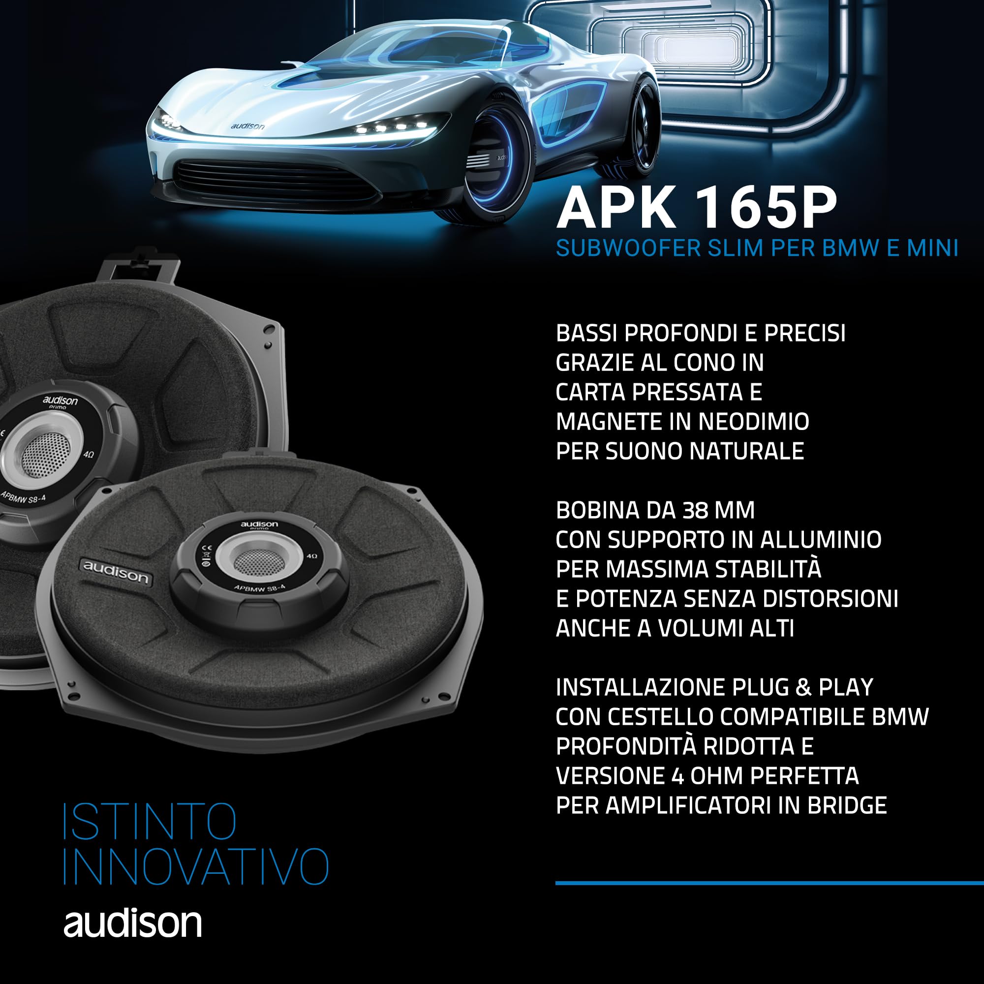 Audison APBMW S8-4.2 - Subwoofer slim da 200 mm per BMW e MINI con bobina singola 4 ohm, installazione sottosedile Plug & Play, potenza massima 300W