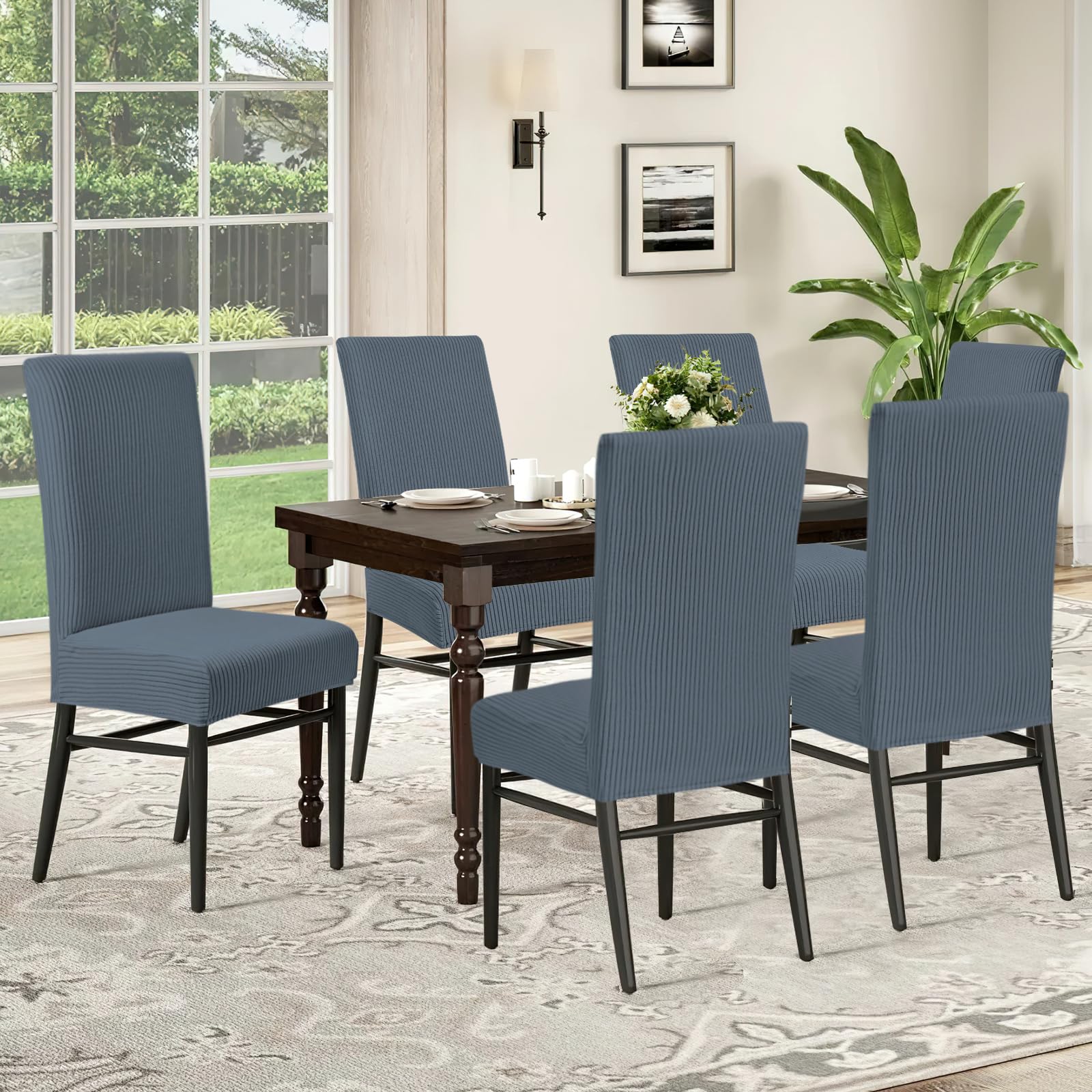 Alishomtll Dining Chair Covers Set of 6 Stretch Streaks Chair Covers for Dining Chairs Elastic Removable Chair Slipcovers Reusable Washable Chair Protector for Kitchen Hotel Banquet (Grey - Image 2