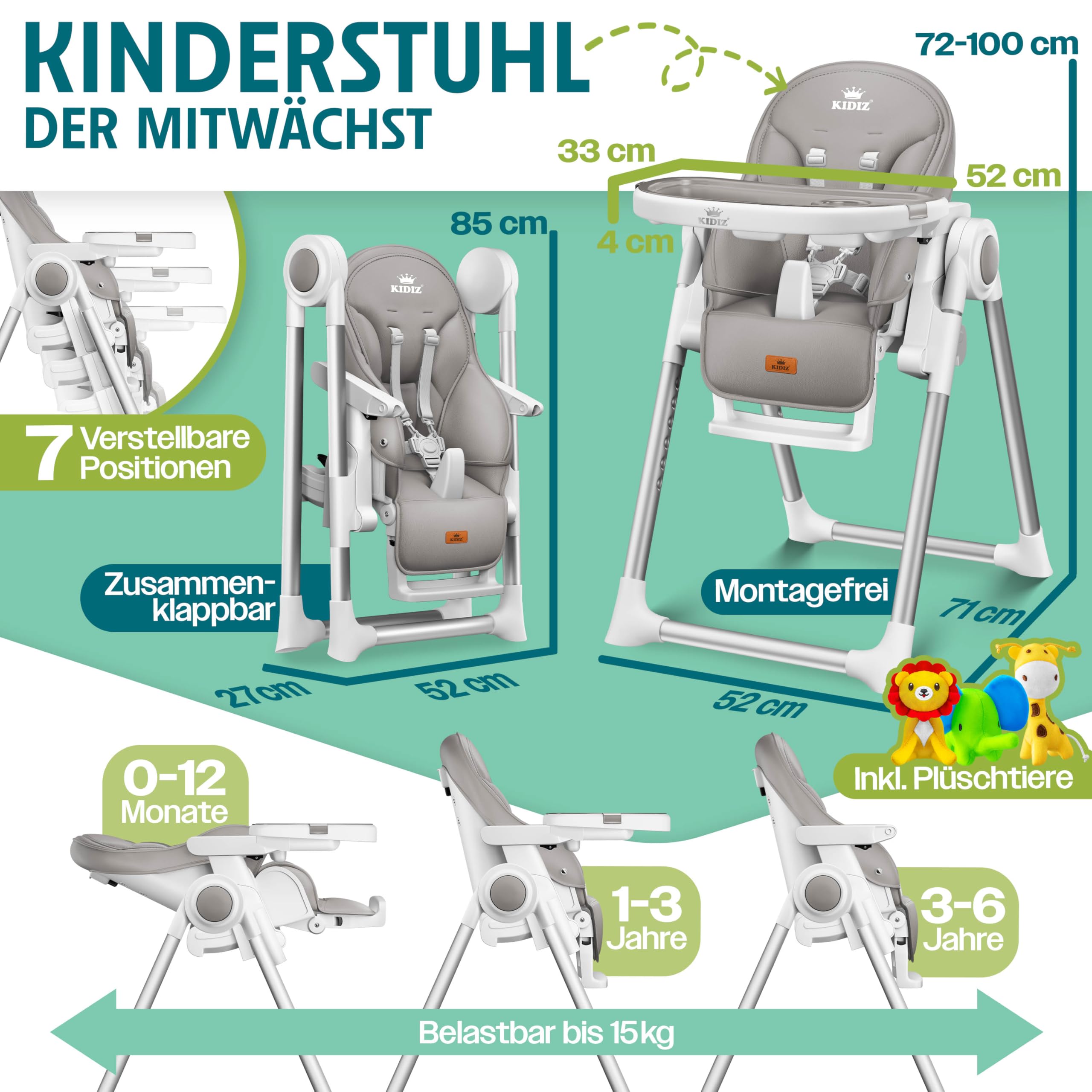 KIDIZ® 3in1 Hochstuhl Kinderhochstuhl mit Spielbügel, Babyliege, höhenverstellbar, bis 36 Monate, Grau