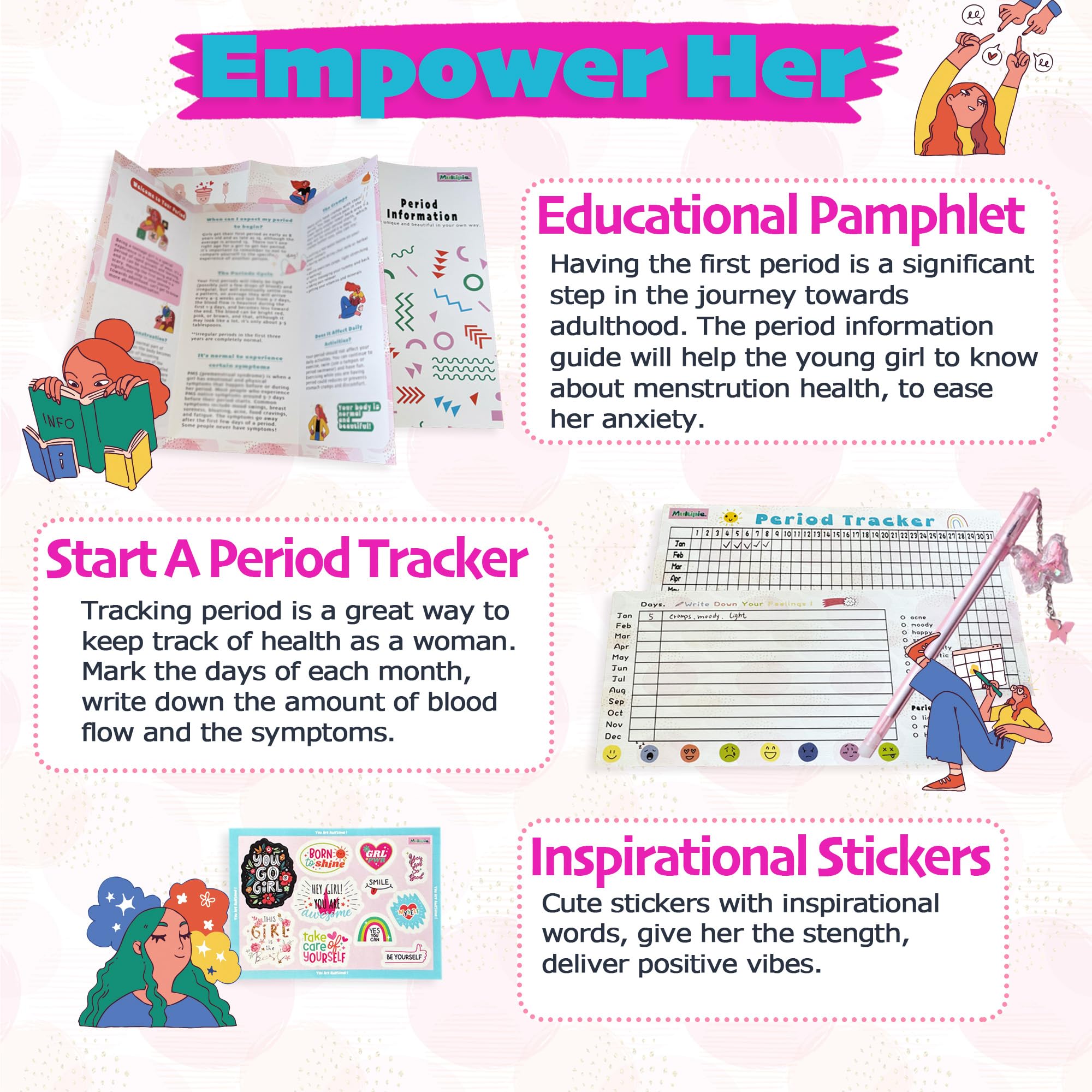 First Period kit for Girls | 22 PC Period Packs for Young Girls First Time | First Period Gift for Teen Girls with Sanitary Pad Storage Bag, Wipes, Bracelet, Eye Mask, Socks and More(Pink)