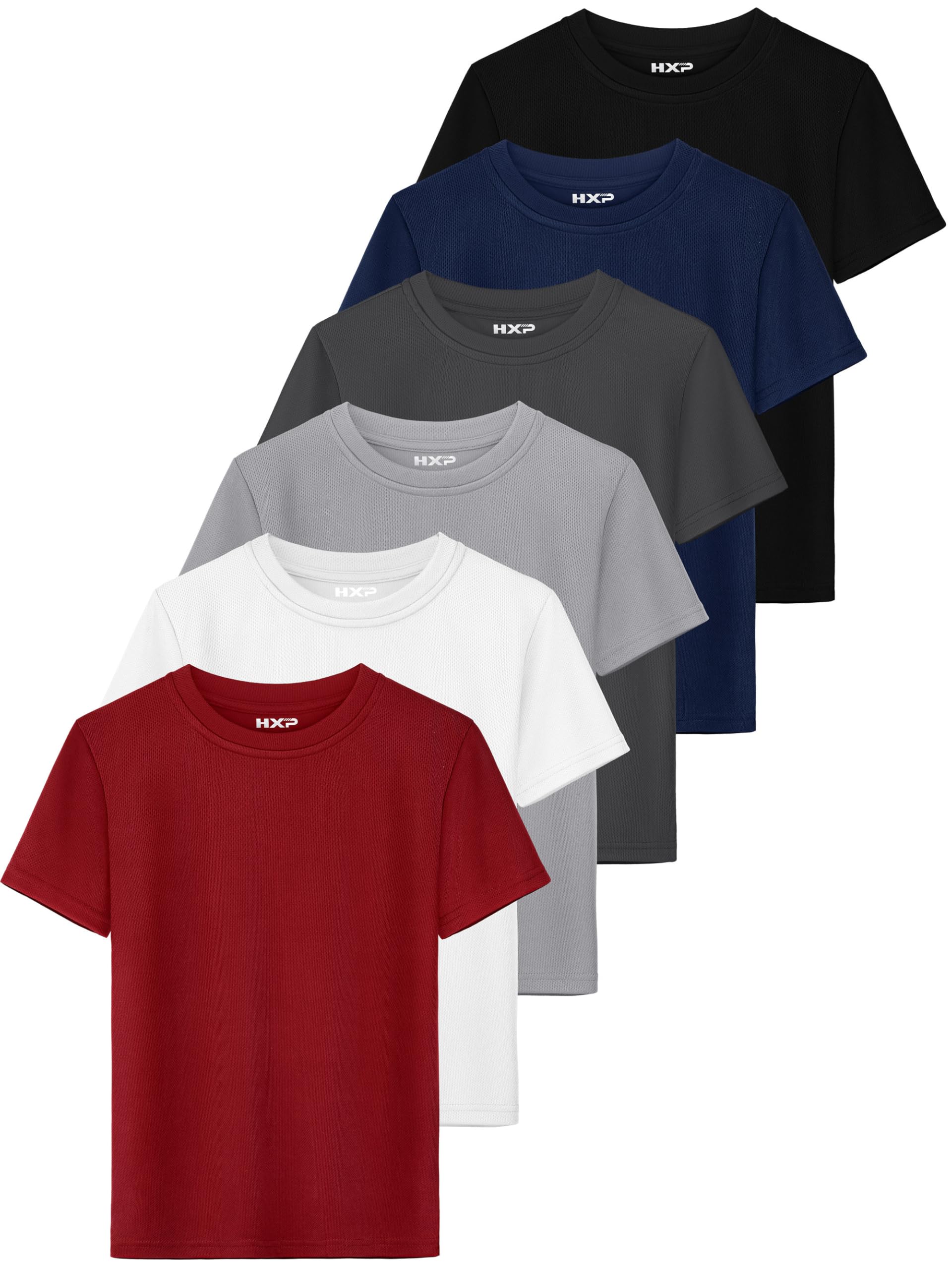 HXP 6 Pack Boys Mesh Athletic Shirts Youth Kids Dry-Fit T-Shirts Boys Activewear Short Sleeve Clothes for Kids Teens
