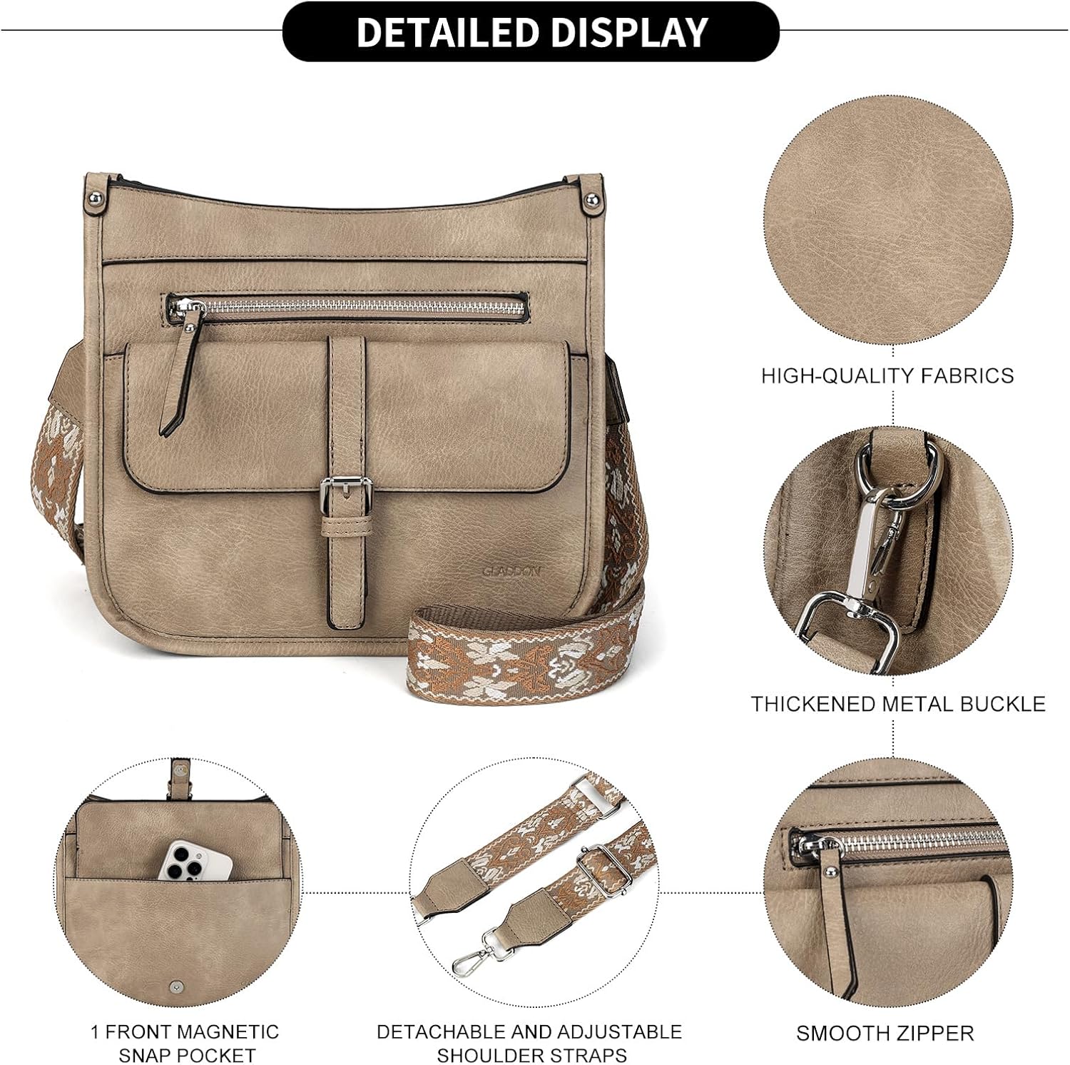 Gladdon Women's Shoulder Bag, Crossbody Bag, Leather Handbag, Small, Wide Shoulder Straps, Jacquard Fabric image 4