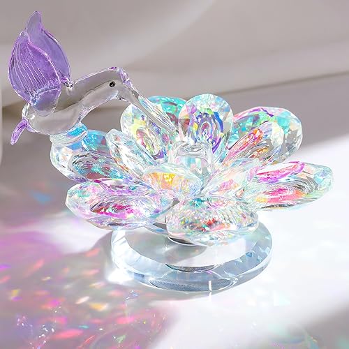 Movdyka Figura de cristal, decoración de flor de loto, colibrí morado, regalos para mujeres, adornos de cristal brillante, reflejo de cristal de