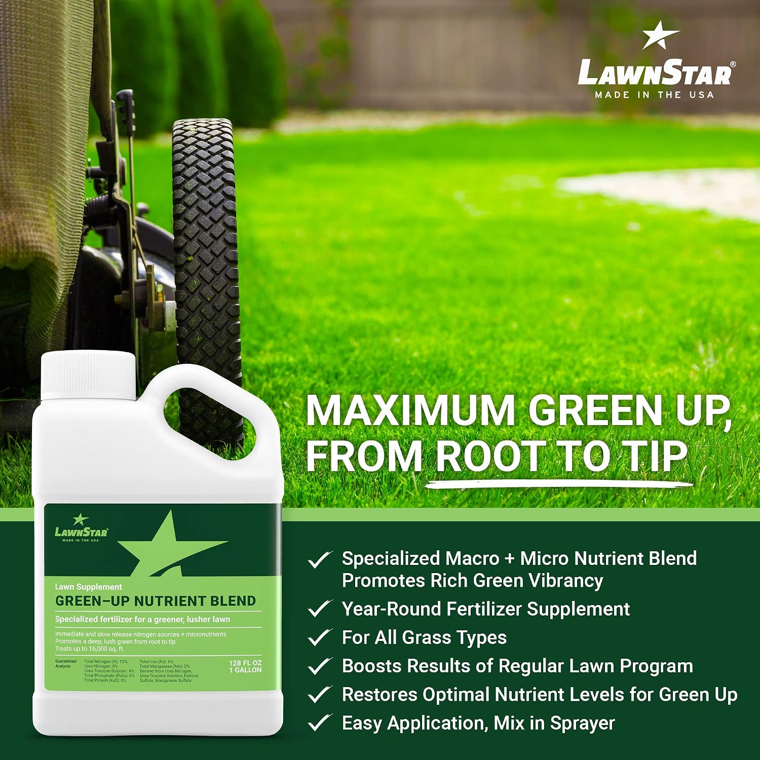 Maximum Green-Up Lawn Supplement Booster (1 Gallon) - Premium Liquid Fertilizer with Nitrogen, Chelated Iron & Manganese - Deep Greening, Safe for All Grass Types