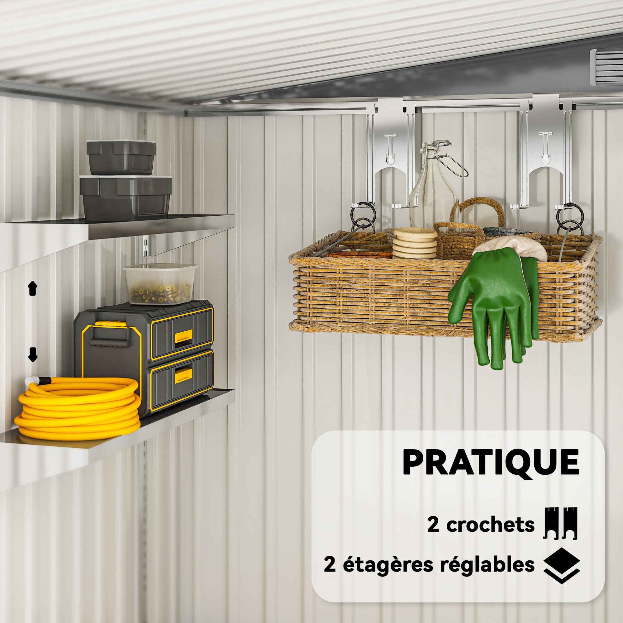 Outsunny Abri de Jardin en Métal 2,81 m² Toit Incliné 154x206,5x181 cm Gris | Kit Fondation, Cabane de Jardin Extérieure Adossée, Acier Galvanisé, Abri à Outils, 2 Étagères Réglables