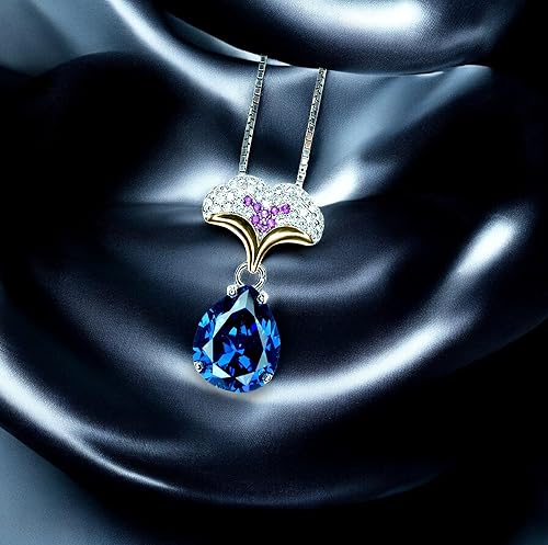 Miniatura 2 de Blue Sapphire Necklace - Diamond Ginkgo biloba Leaf Pendant - Large 3.5 CT Teardrop Blue Sapphire Pendant - 18KGP Sterling Silver 16" ~20"