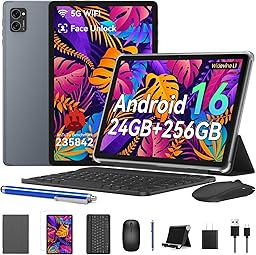 Tablet, 2026 Android 16 Tablets with 24GB+256GB ROM /2TB TF, Tablet with Keyboard Mouse Pen, Widevine L1/T606 Octa-Core/8MP AI Camera/1080P/5G WiFi/Bluetooth 5.0/GPS/OTG/ 4 Years Warranty