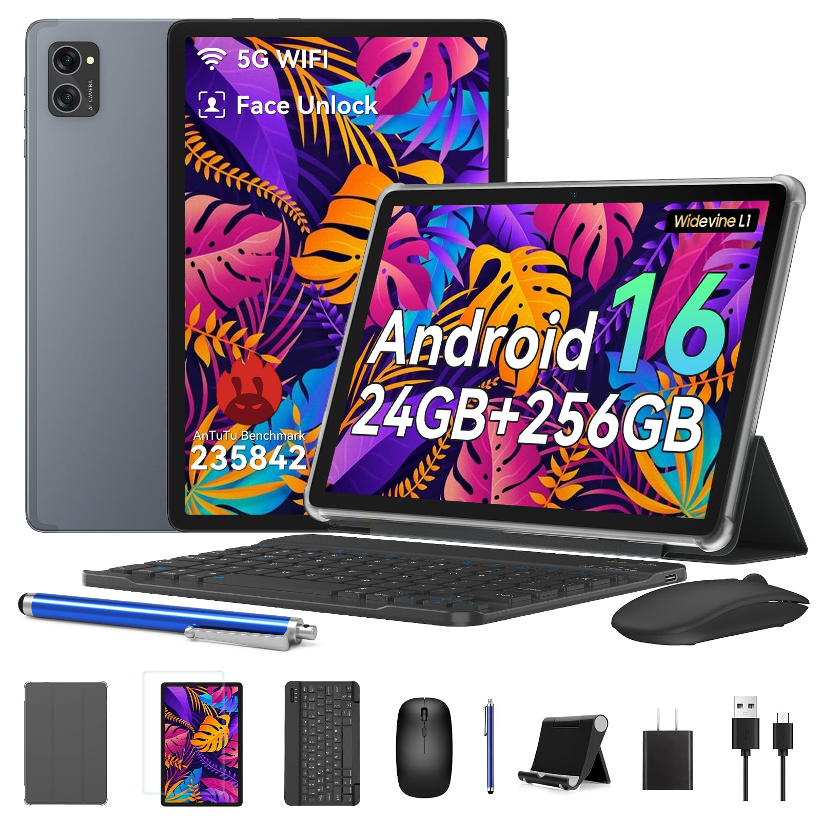 Tablet, 2026 Android 16 Tablets with 24GB+256GB ROM /2TB TF, Tablet with Keyboard Mouse Pen, Widevine L1/T606 Octa-Core/8MP AI Camera/1080P/5G WiFi/Bluetooth 5.0/GPS/OTG/ 4 Years Warranty - 1