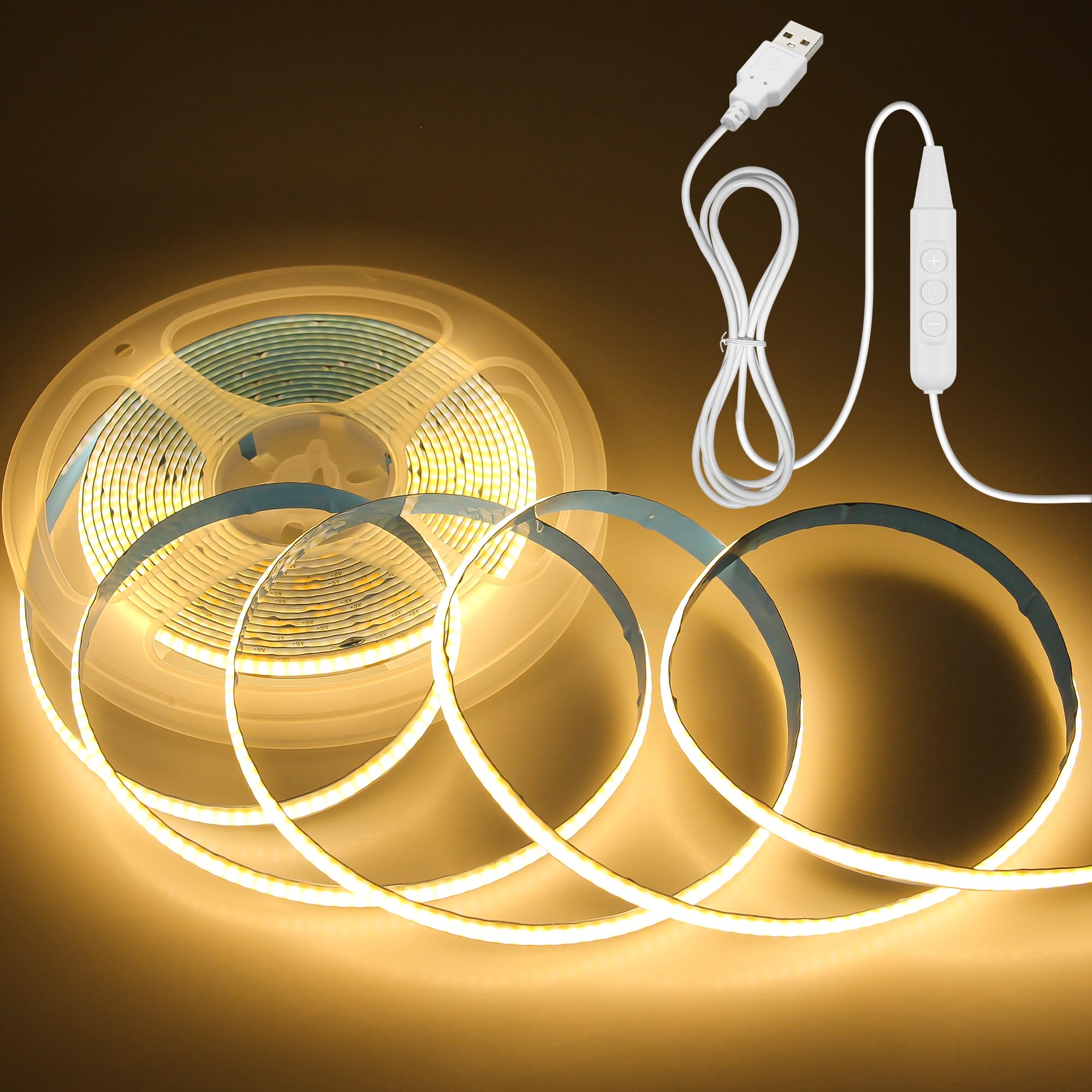 Aclorol COB LED Strip Lights USB Powered 16.4FT/5M 1600Leds Warm White 8mm Width Dimmable COB Tape Light Flexible and Cuttable LED Strip for Bedroom TV Backlight Stairs DIY Lighting CRI85+ 3000K