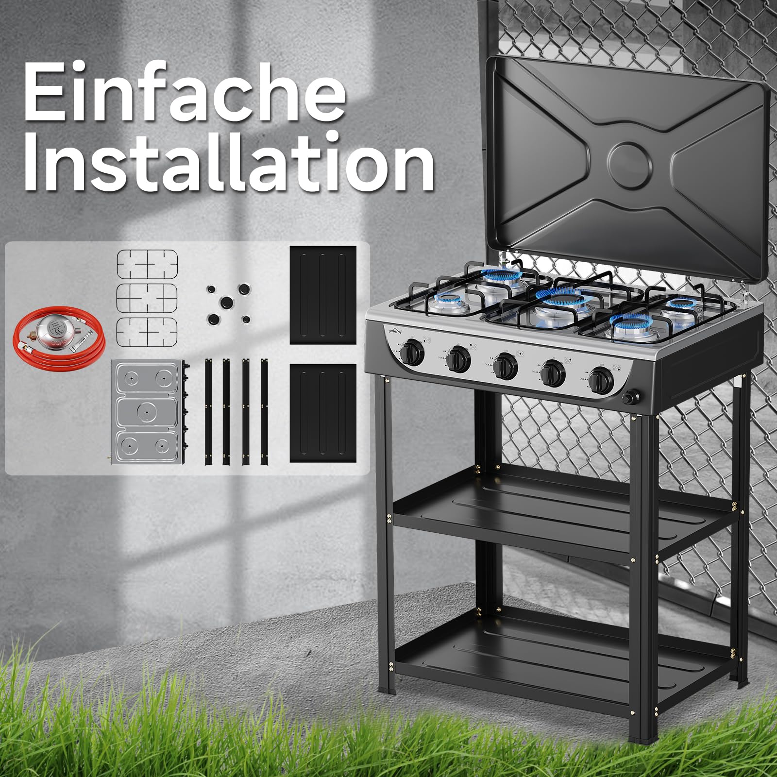 HOMELUX 7,2 KW Gaskocher Campingkocher 5 Flammig mit 1,5M Anschlussschlauch Druckminderer 50 mbar