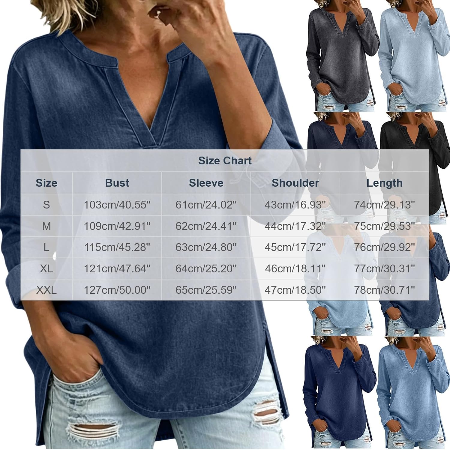 Womens Denim V Neck Blouses Roll Tab Long Sleeve Side Slit Shirt Trendy Soft Fall Winter Casual Pullover Blouses