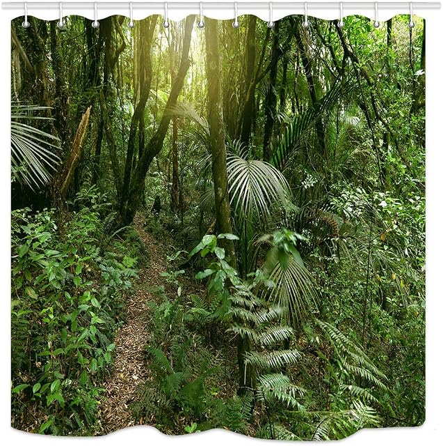 JOOCAR Design Shower Curtain, Tropical Rainforest Lush Green Foliage in Jungle, Waterproof Cloth Fabric Bathroom Decor Set with Hooks