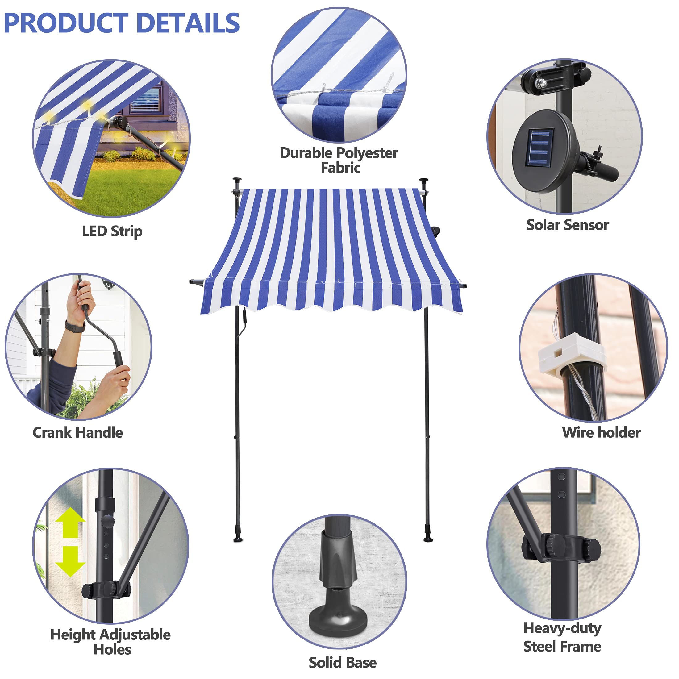 Trigoo 59"x47"/ 78"x47" Manual Retractable Outdoor Patio Awning Shade Shelter Canopy with LED Light for Garden Yard Balcony (59"x47" with LED Light, Blue and White)