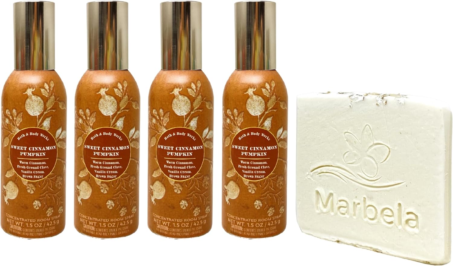 Bath & Body Works Sweet Cinnamon Pumpkin Concentrated Room Spray 4 Piece Bundle with a Natural Oats Sample Soap