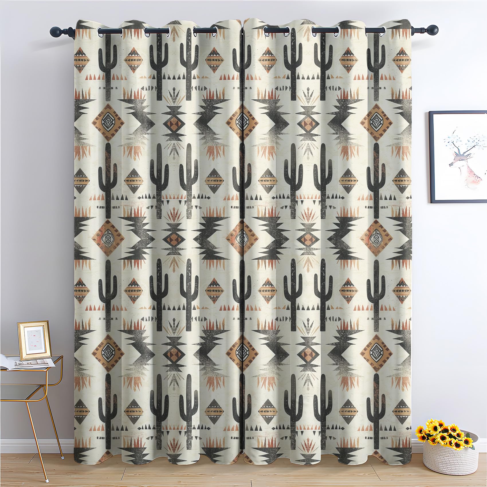 Cactus Curtains for Bedroom Living Room - Aztec Native American Blackout Curtains 46 x 72 Inch (Width x Drop), Thermal Insulated Eyelet Curtains & Drapes, Decorative Patterned Window Treatments
