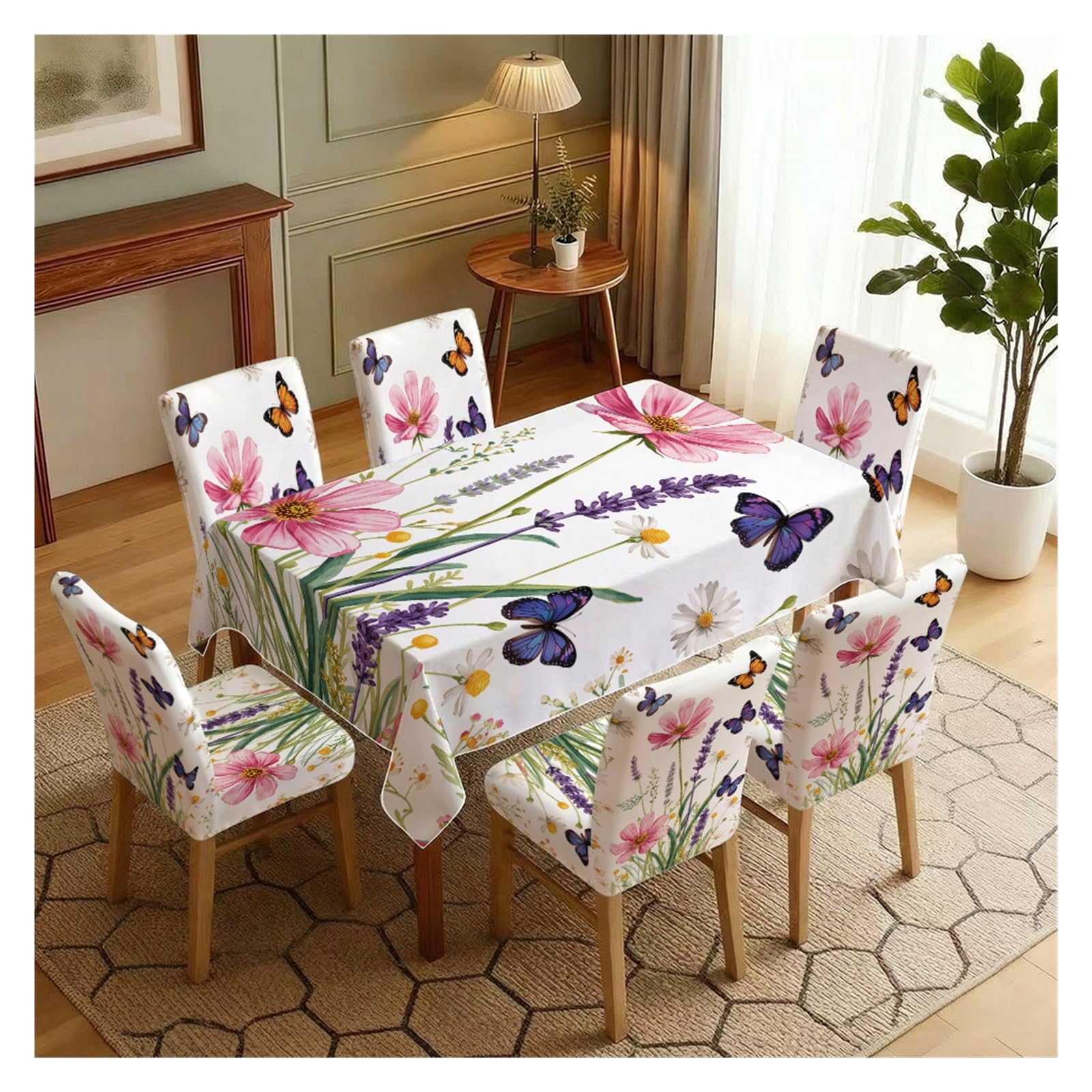 BOSUYBN Spring Wildflower & Colorful Butterfly Print Dining Tablecloth & Chair Covers Set, 5/7 Piece Fresh Garden Cottage Dining Decor Table Setting(7pcs Set: Tablecloth+Chair Covers)