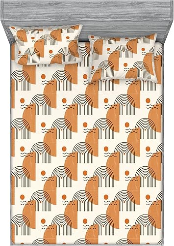 Miniatura 1 de Ambesonne Geometric Fitted Sheet & Pillow Sham Set, Minimalist Vibe Retro Pattern of Waves and Circles Scandinavian, Decorative Printed 3 Piece