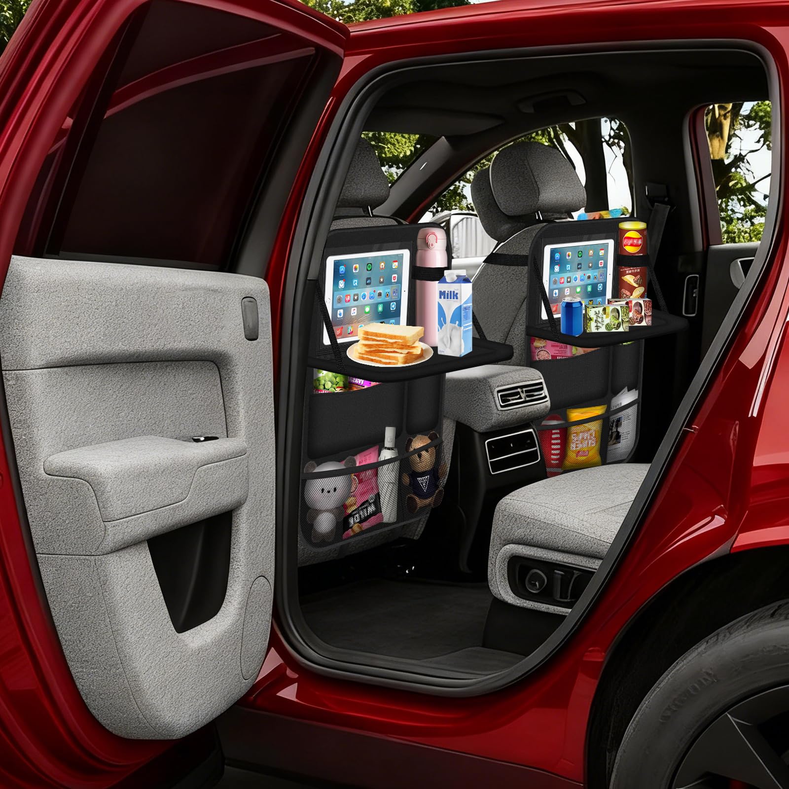 2 Piezas Organizador Coche, Organizador Asiento Coche Niños, Protector Asiento Coche con Mesa Plegable, Impermeable, Alfombrillas para Patadas para Juguetes, Bocadillos