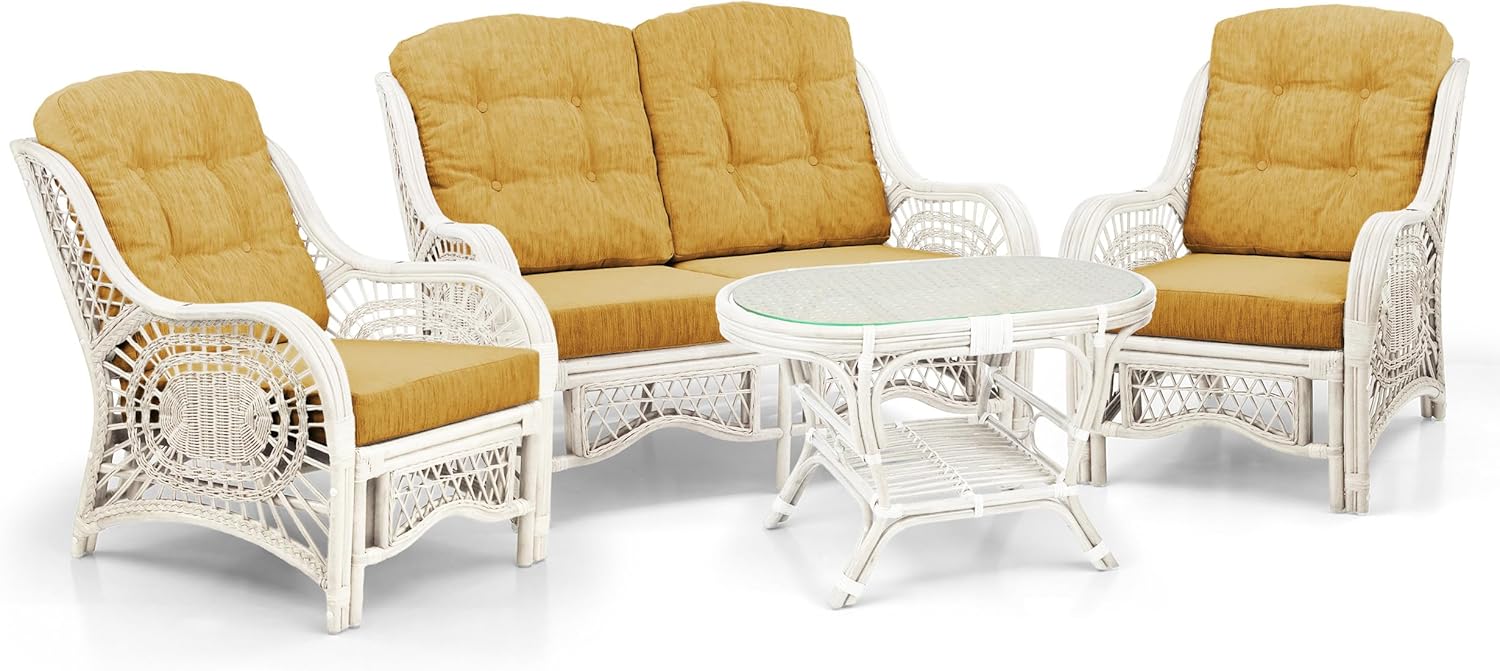 Malibu Lounge Set of 2 Natural ECO Rattan Wicker Chairs, Loveseat with Light Brown Cushion and Coffee Table w/Glass Handmade, White Color