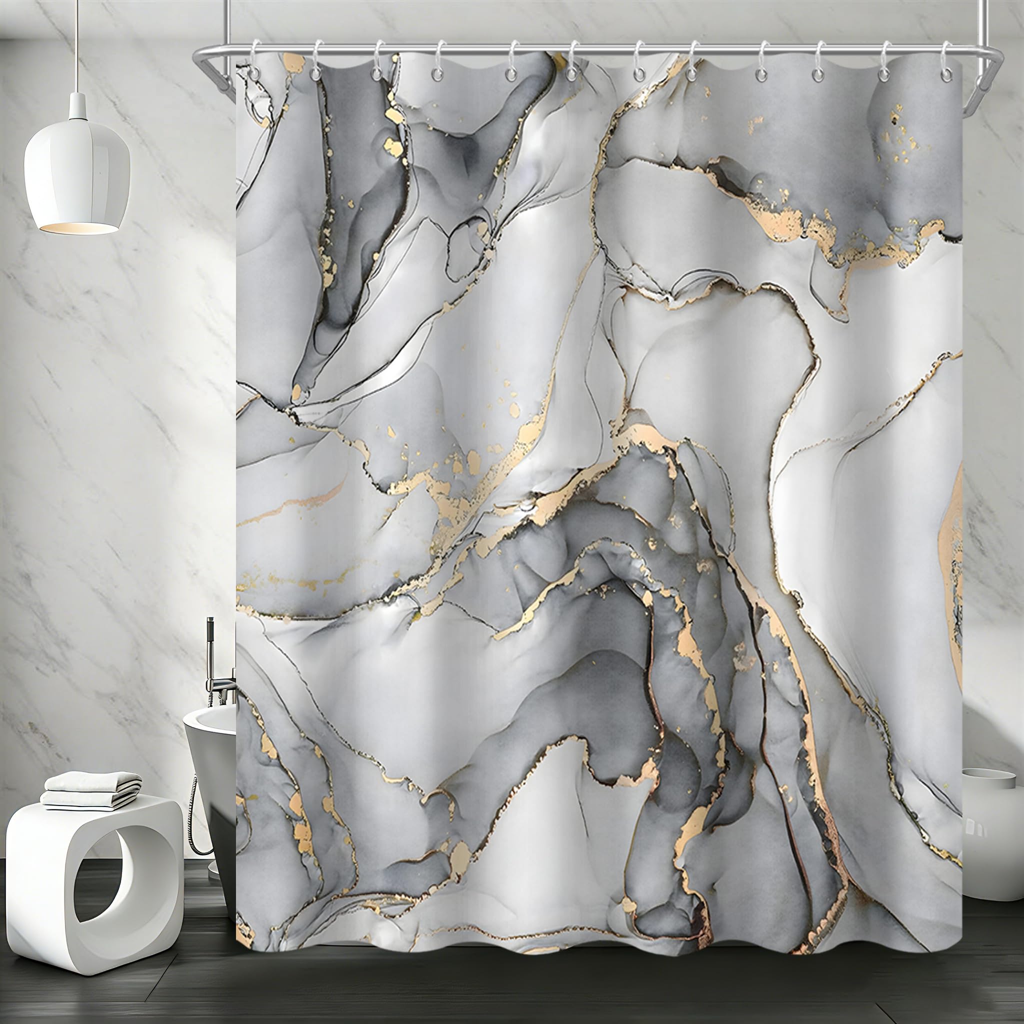GCIREC Shower Curtain, 180x220cm, Light Gray Ombre Modern Abstract Art Marble Waterproof Fabric Machine Washable Bathroom Curtain with Hooks