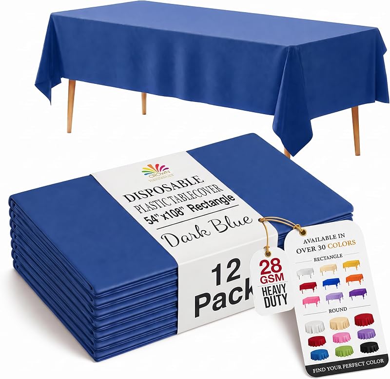 12-Pack Premium Plastic Tablecloth 54in. x 108in. Rectangle Table Cover - Dark Blue