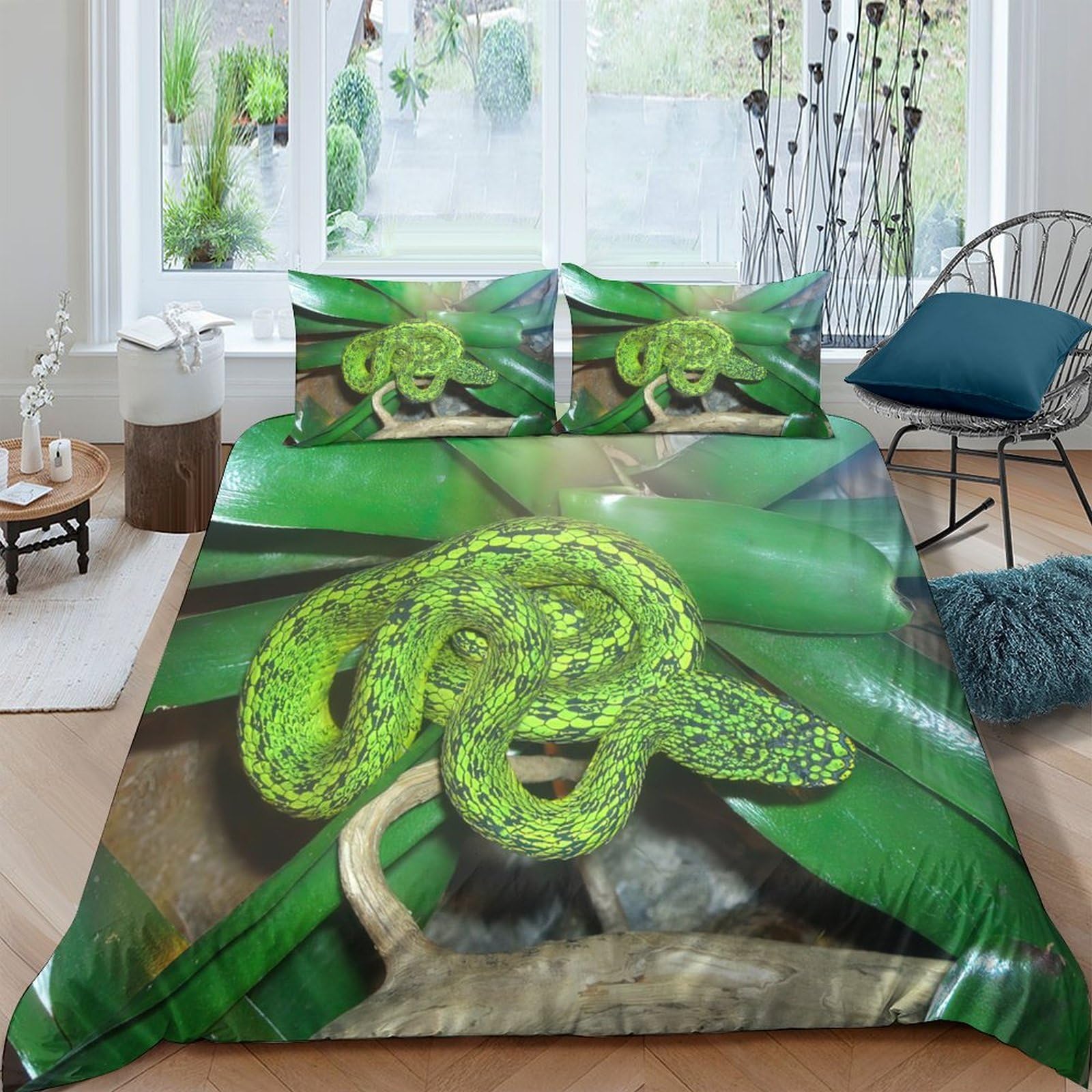GPLZQXKJNH 3D Printed Green Snake Duvet Cover Microfiber Soft Breathable Jungle Leaf Bedding Set with 2 Pillowcases for Bedroom Decor Single（135x200cm）