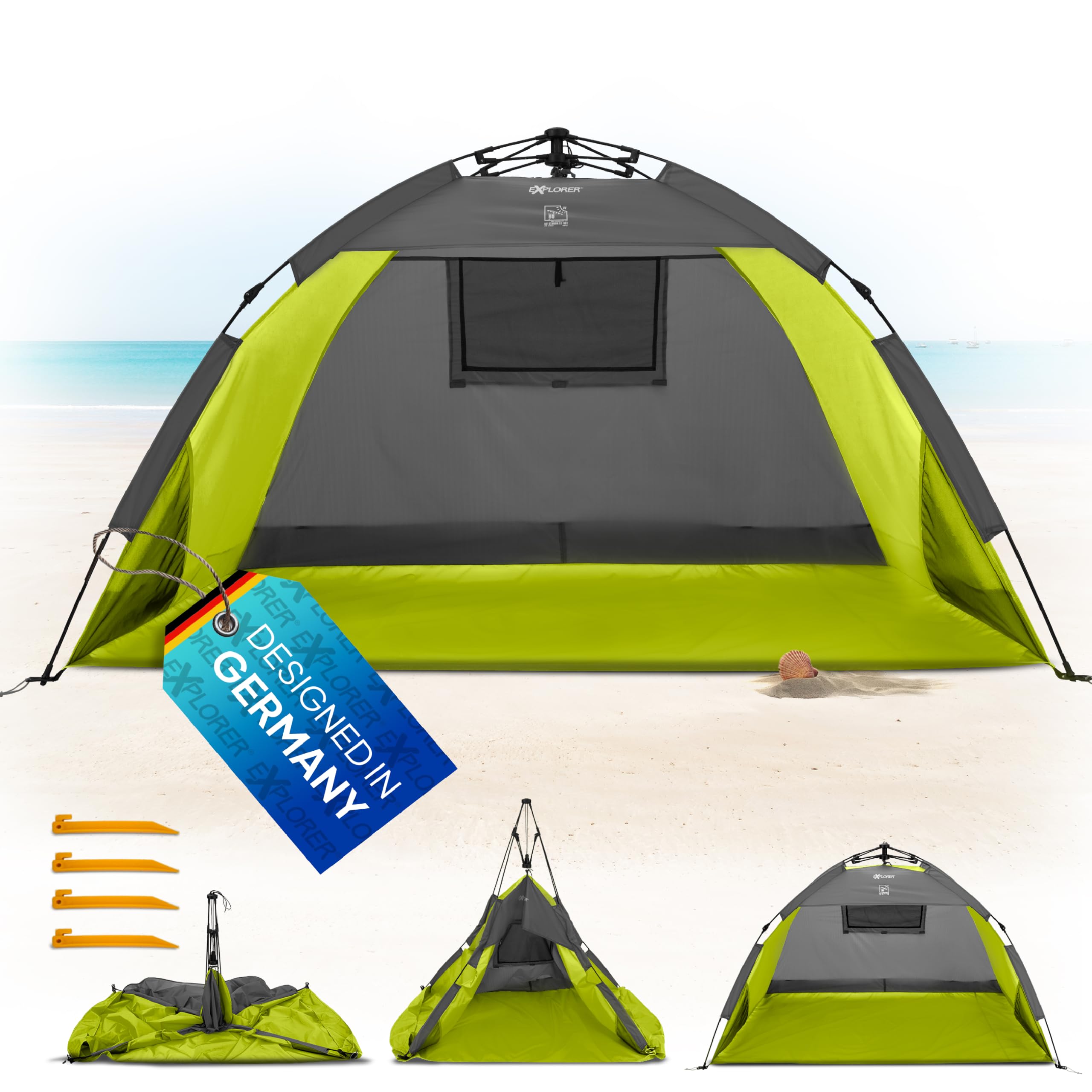 EXPLORER Automatik Strandmuschel mit UV Schutz 80+ kleines Packmaß leicht und schnell in Sekunden aufgebautes Strandzelt Sonnenschutz Muschel automatisch Windschutz