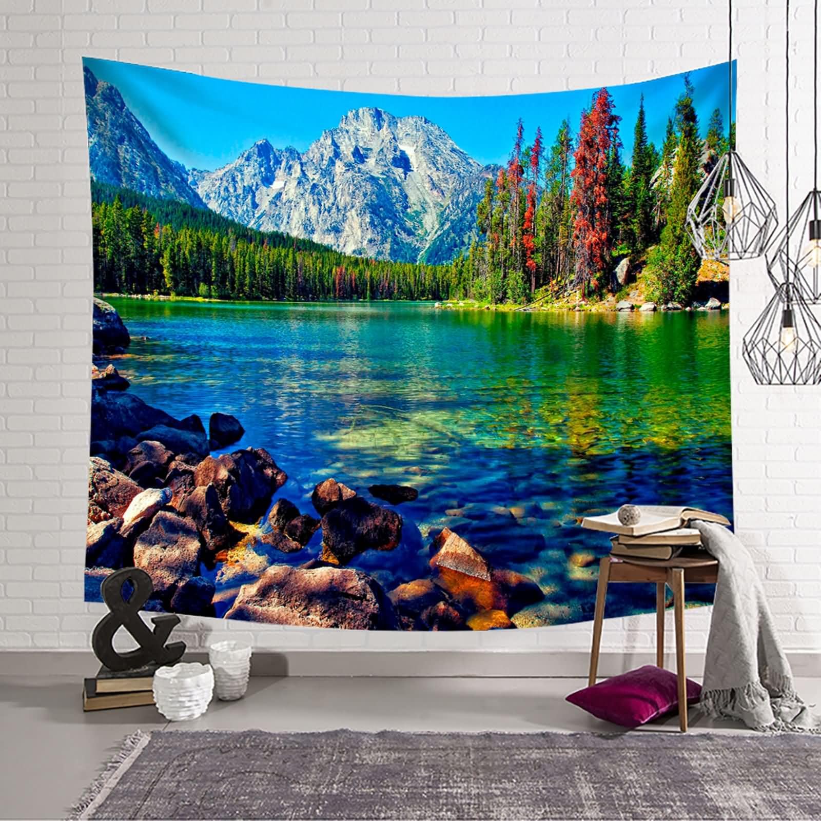 Homxi Tappeto Parete Cameretta 300 W x 256 H CM, Lago di Montagna e Paesaggio Alberato, Tappeto Parete Cameretta Poliestere, Blu Verde