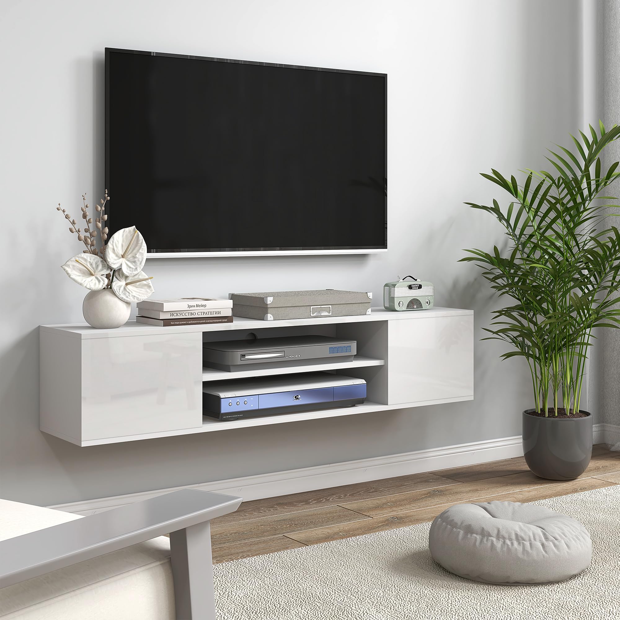 HOMCOM Meuble Banc TV Mural Suspendu Style Contemporain - 2 placards 2 Passe-câbles et 2 niches centrales 140 x 30 x 30 cm Blanc