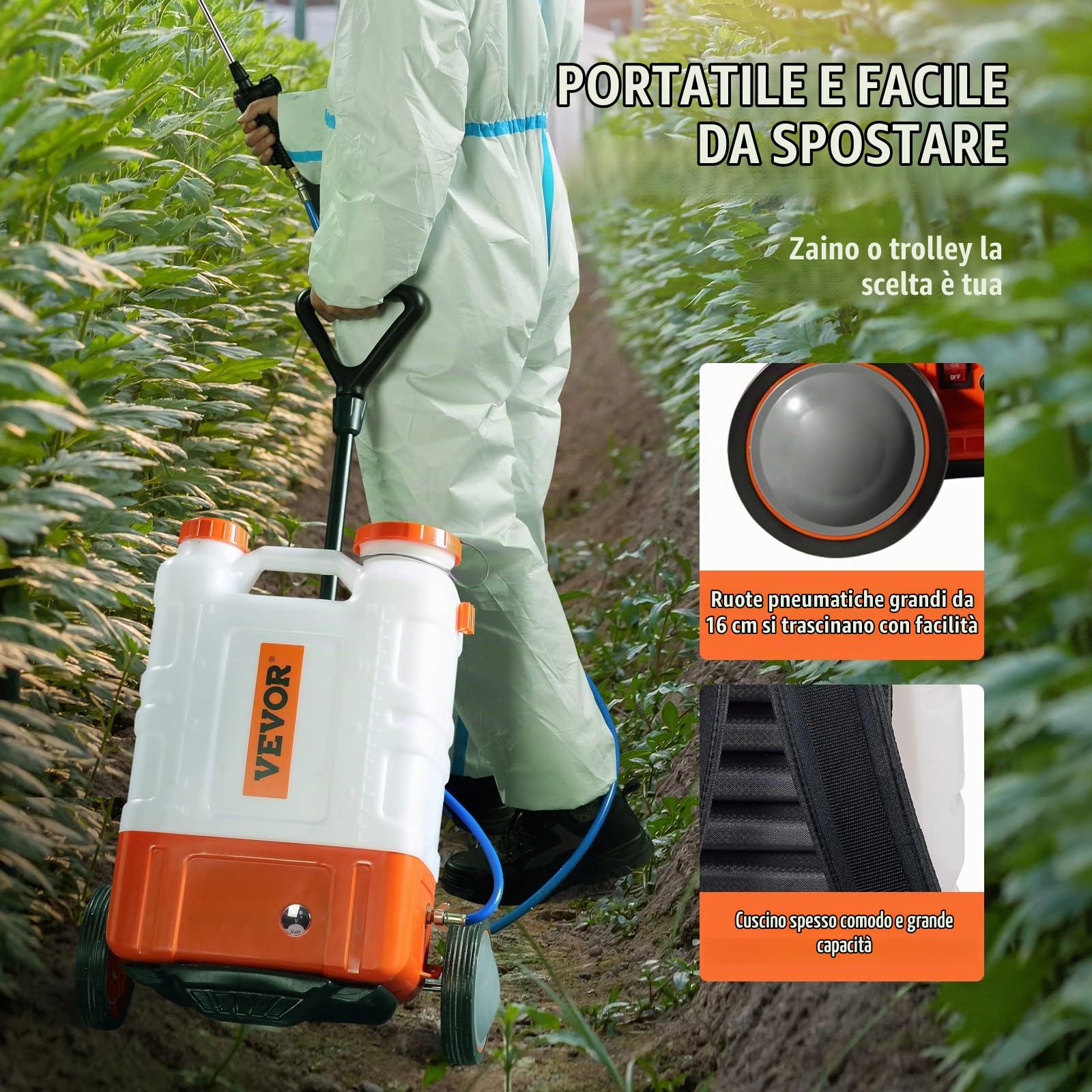 VEVOR Irroratore a Zaino con Carrello, Pressione Regolabile 0-94 PSI Serbatoio da 15 Litri su Ruote, con 8 Ugelli, 2 Lance, Coperchio a Bocca Larga per Giardino, Diserbo, Irrorazione, Pulizia
