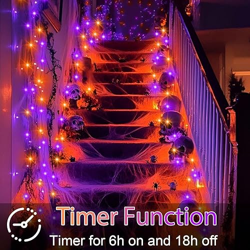 Miniatura 3 de Guirnalda de luces de Halloween moradas y naranjas que funcionan con pilas, paquete de 4 50 luces LED de 16.4 pies de alambre negro parpadeantes