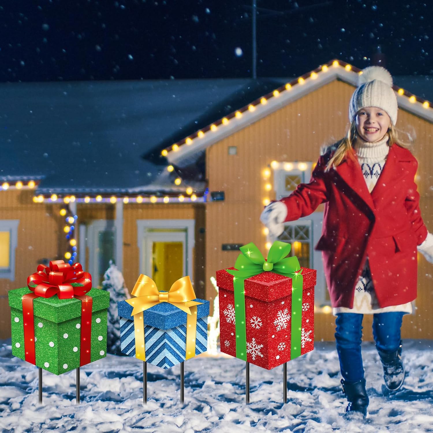 Drydiet 3 Pack Metal Christmas Yard Signs Decor Xmas Yard Stakes Outdoor with Stakes for Holiday Outdoor Garden Lawn Pathway Decoration(Gift Boxes)